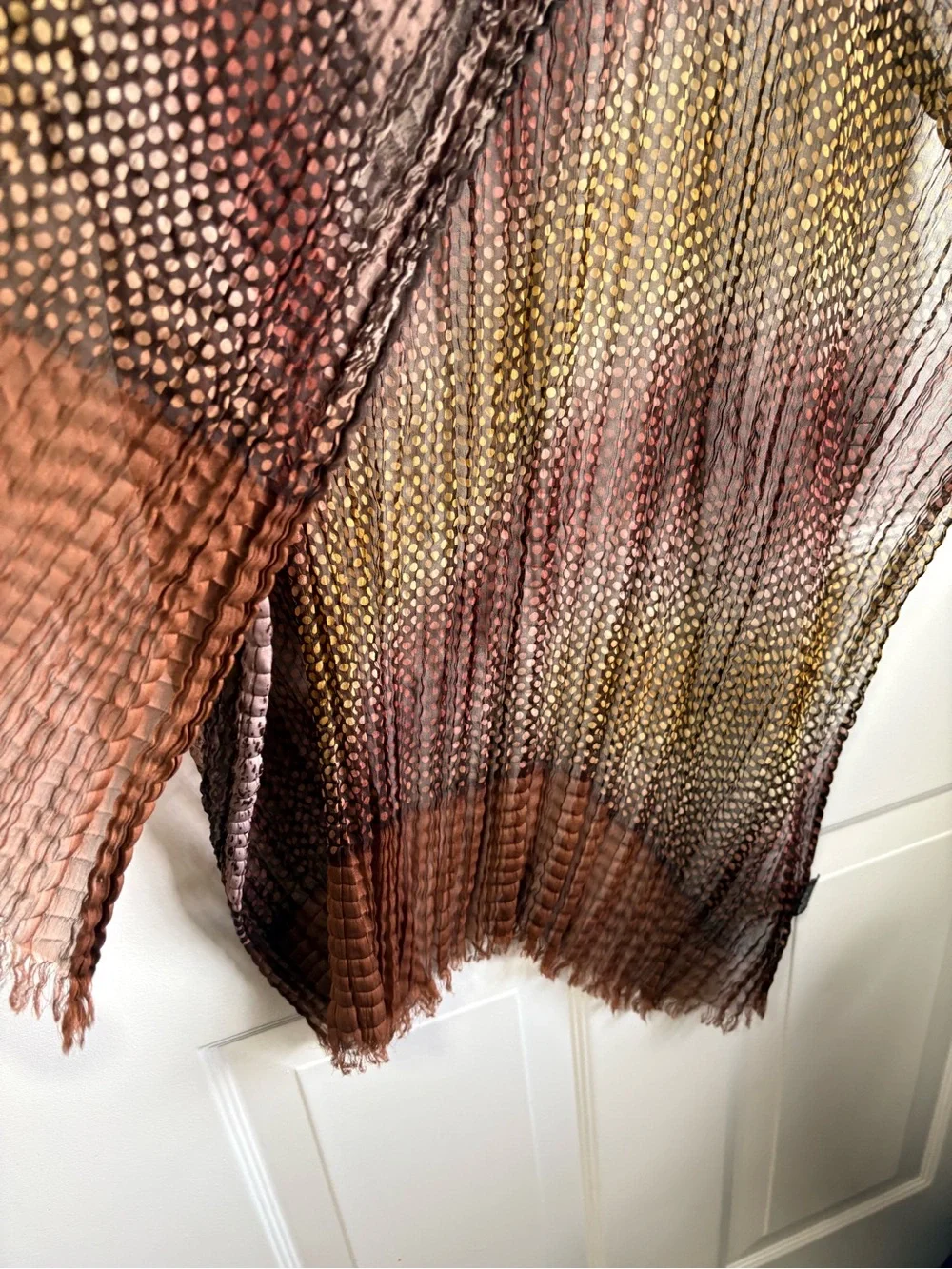 Woven Gradient Pleated Fringe Scarf or Wrap in Brown and Rust